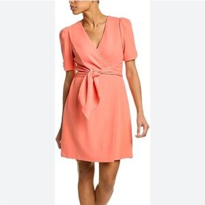 Adrianna Papell Short Sleeve Stretch Crepe Tie Front Dress, Peach Blossom Sz 14W